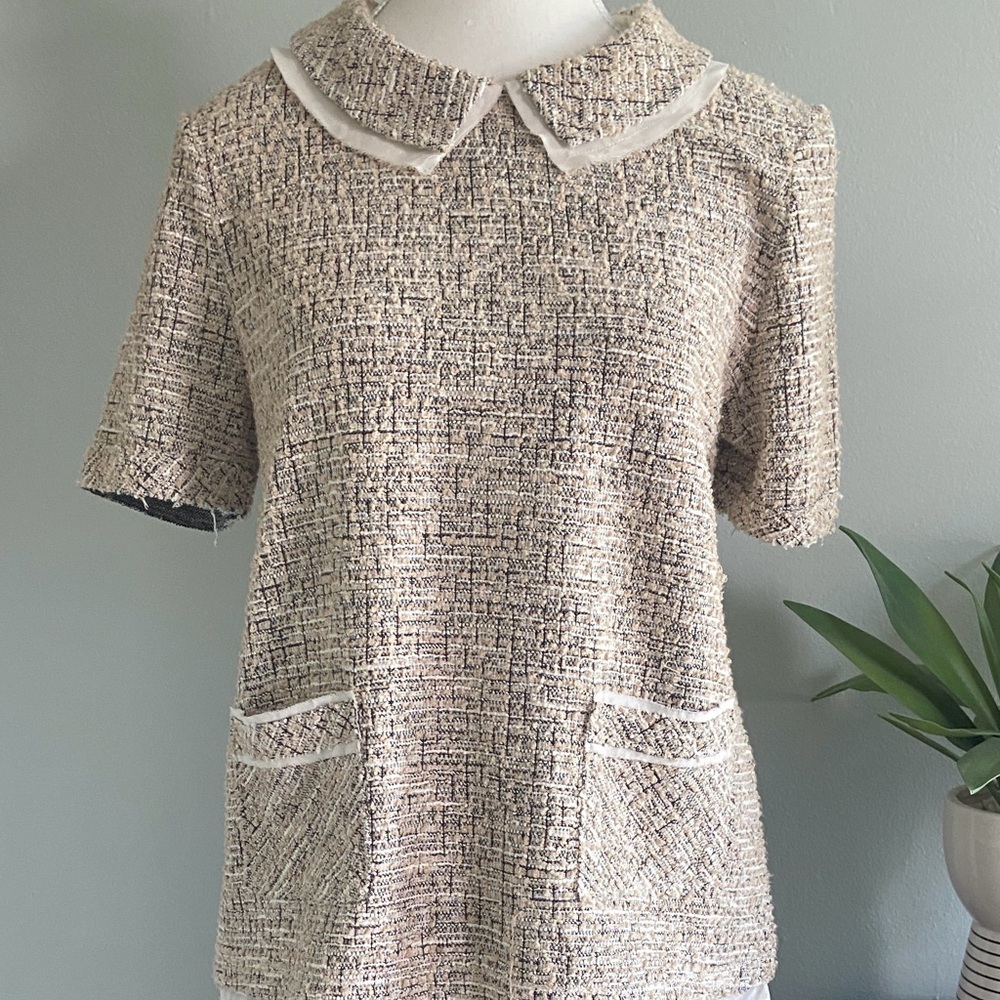 Anthropologie Cream Tweed Short Sleeve Peter Pan Collar Top